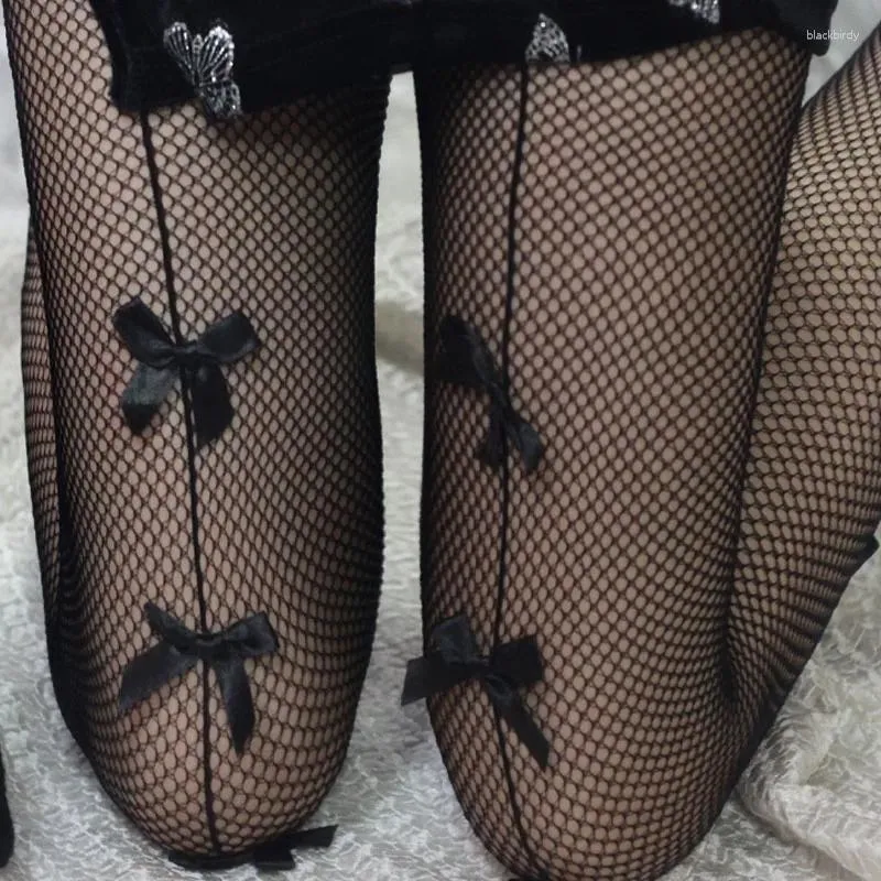 Women Socks Japanese Women's Lolita Cute Bowknot Mesh Stockings Girls Sexy Tights Hollow Nylon Lace Fishnet Vintage Nightclub Pantyhose