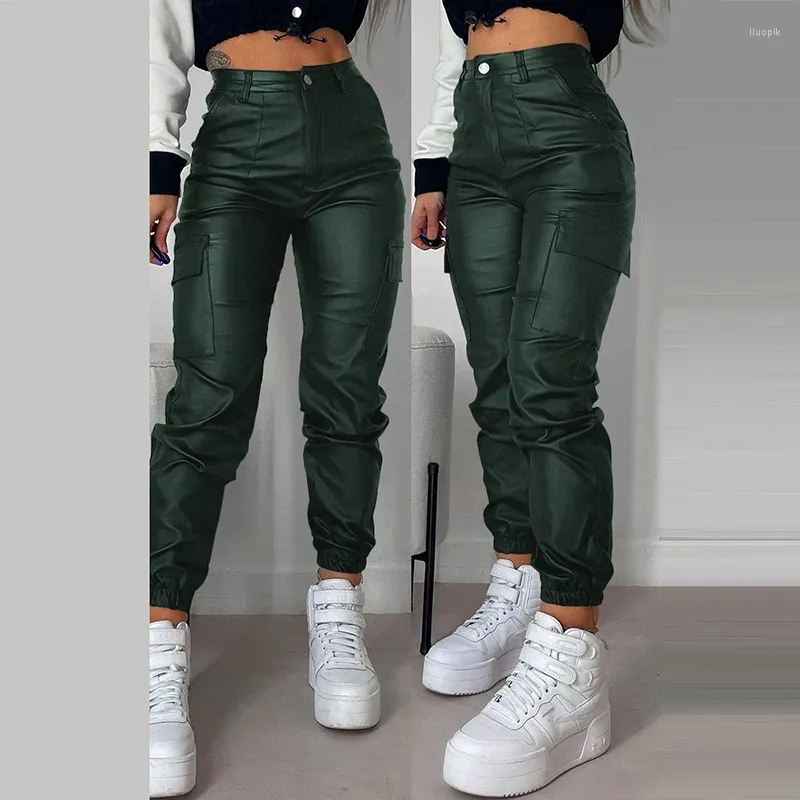 Pantalon femme bouton fermeture éclair en cuir PU serré longue mode Streetwear poche plaquée solide pantalon décontracté plissé Cargo