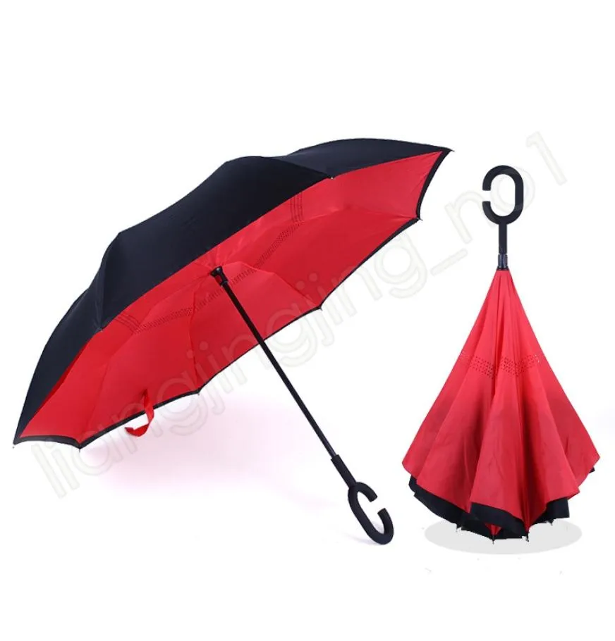 DoubleLayer عكسي المظلة المظلة القابلة للطي واقفًا مشمسًا ممطرًا من الداخل إلى الخارج زهرة مقاومة للرياح.
