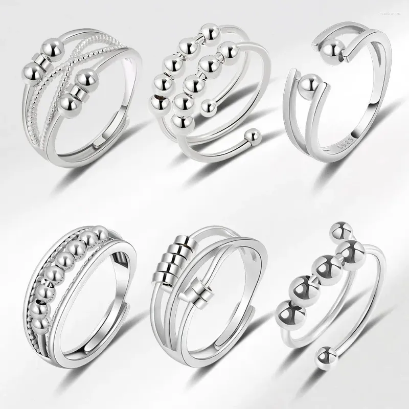 Cluster Ringen Vrouwen Angst Ring 925 Sterling Zilveren Spinner Verstelbare Open Fidget Met Kralen Voor Relief Solide Sieraden