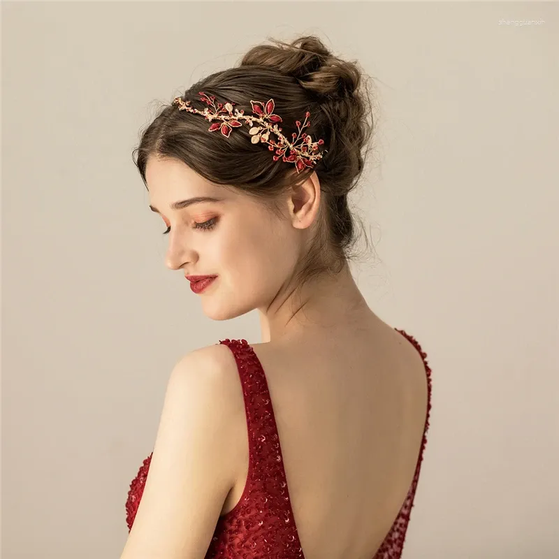 Pinces à cheveux en cristal rouge pour femmes, bandeau de vigne de couleur or, diadème de mariée fait à la main, ornement de bal de mariage