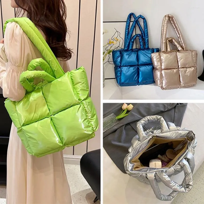 Sacs de soirée Femmes Hiver Commuter Fourre-tout Sac Mobile Espace Brillant Femme Vers Le Bas Veste En Coton Rembourré Sac À Main Doux Épaule Carrée Bolsas