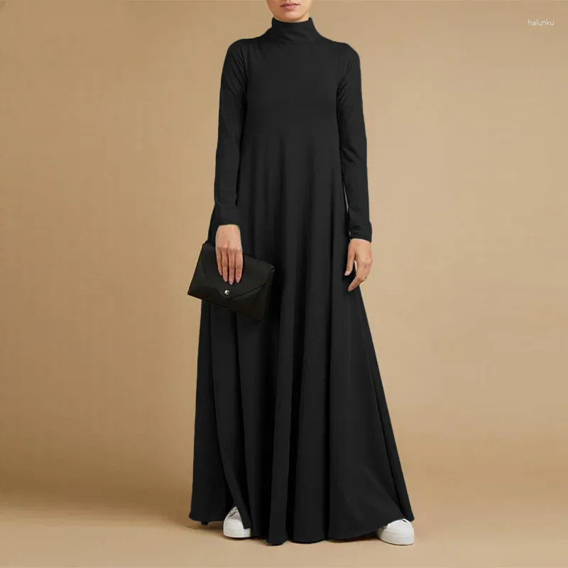 Roupas étnicas Vestidos Muçulmanos Abayas para Mulheres Vintage Sólido Maxi Vestido Turtleneck Sundress Manga Longa Casual S-5XL