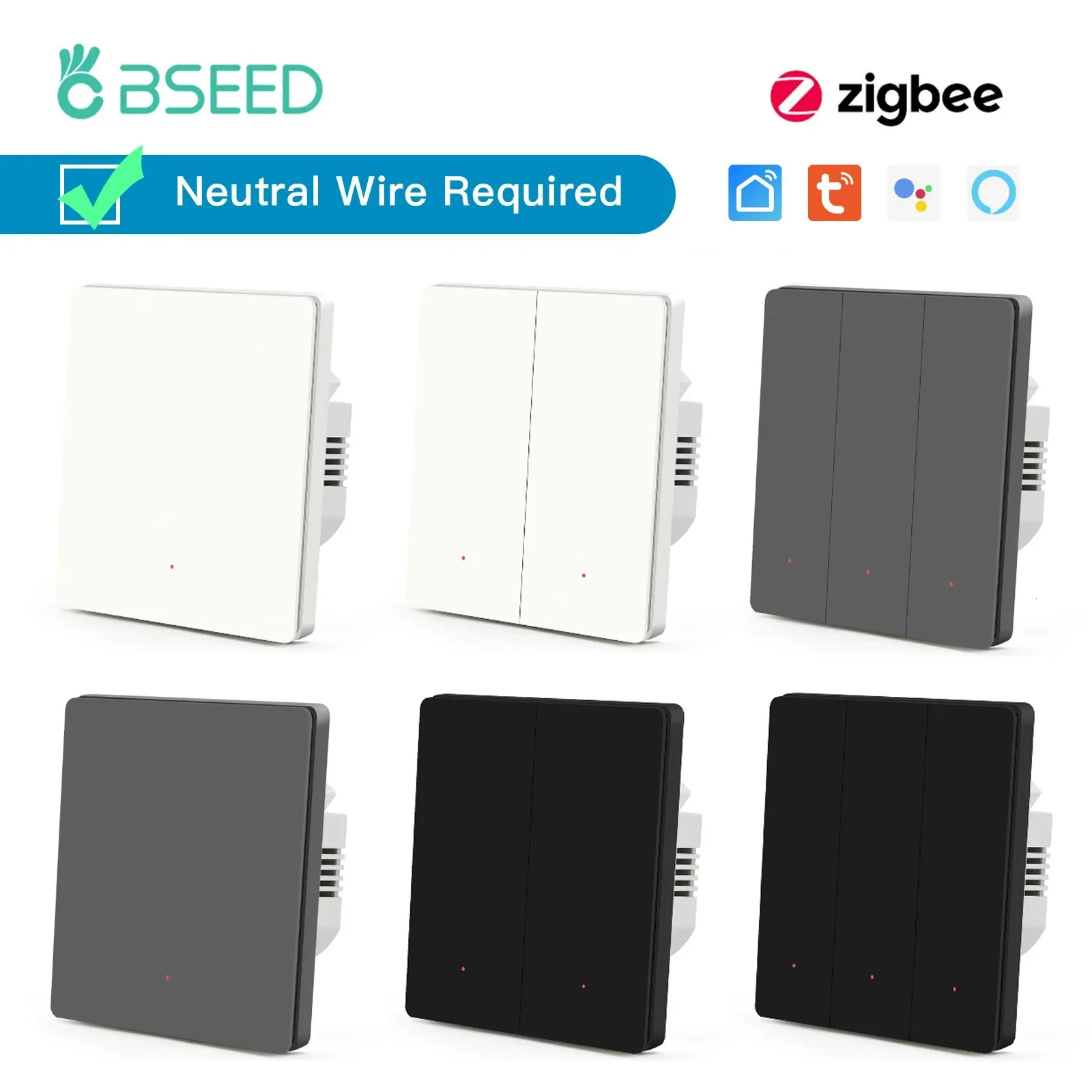 BSEED Zigbee Light Switches 1/2/3Gang 1/2/3Way Smart Wall Switches Tuya Smart Life APP Google Alexa Neutral Automatic Rebound 240108