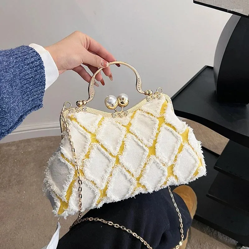 Akşam çantaları moda kadınlar lüks metal çerçeve tasarım püsküller denim tuval satchel toates çanta çanta çapraz gövdesi omuz altı koltuk