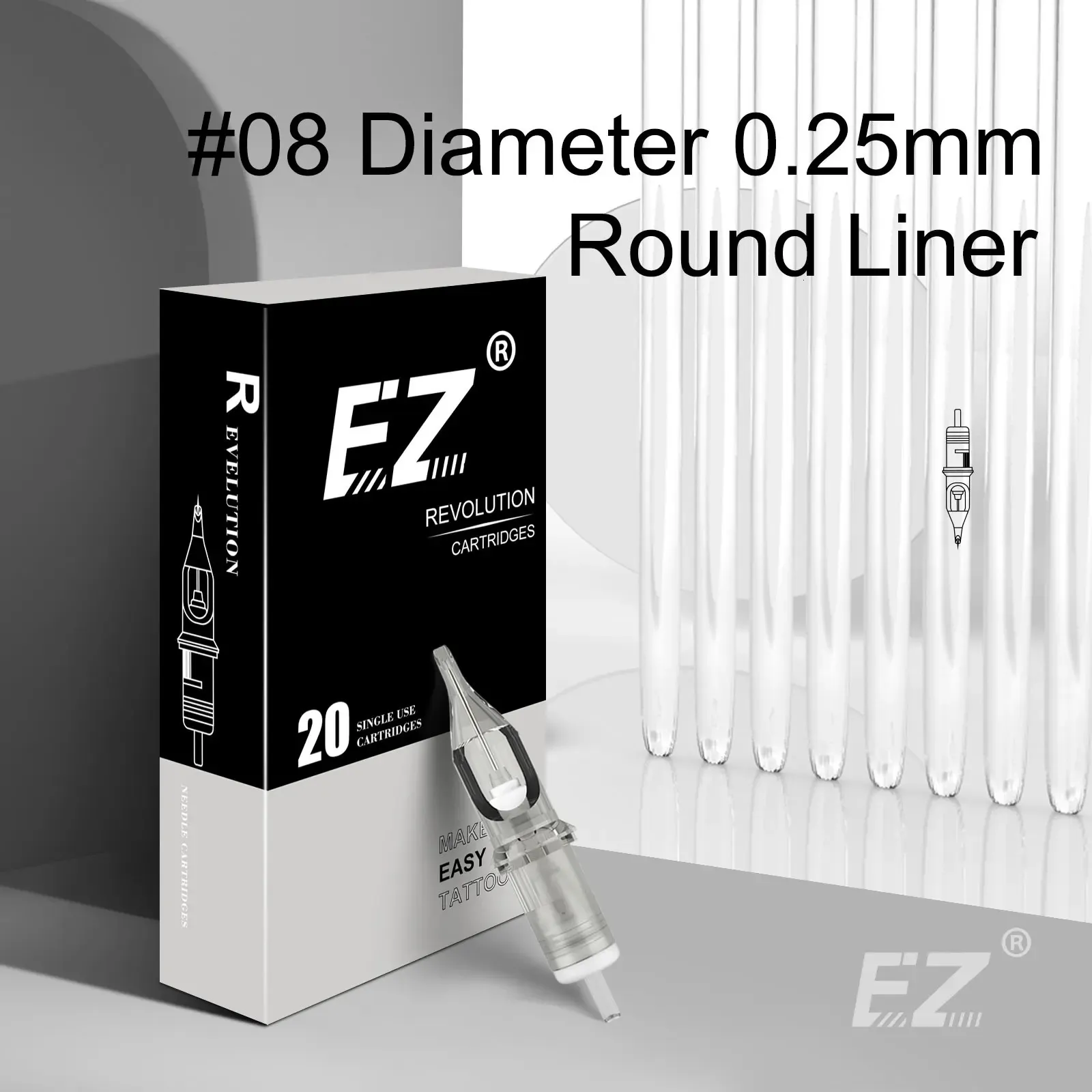 EZ Revolution Tattoo Needles Cartridge Round Liners＃08 0.25mmカートリッジマシンとグリップ20 PCS /BOX 240108