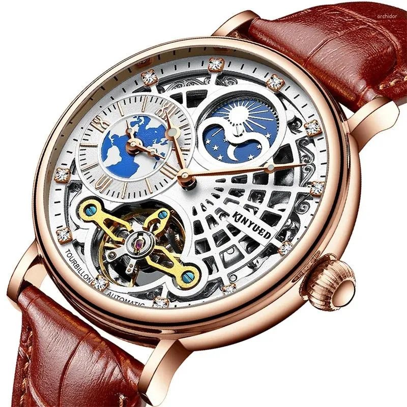 Наручные часы Топ с турбийоном, наручные часы Скелет, автоматические механические мужские водонепроницаемые часы с фазой луны, модные мужские часы Reloj
