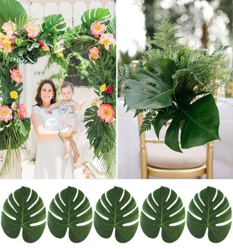 24 peças 35x29cm20x18cm folhas de palmeira tropical folha de simulação para luau havaiano suprimentos para festa selva praia tema decoração de casa5593317