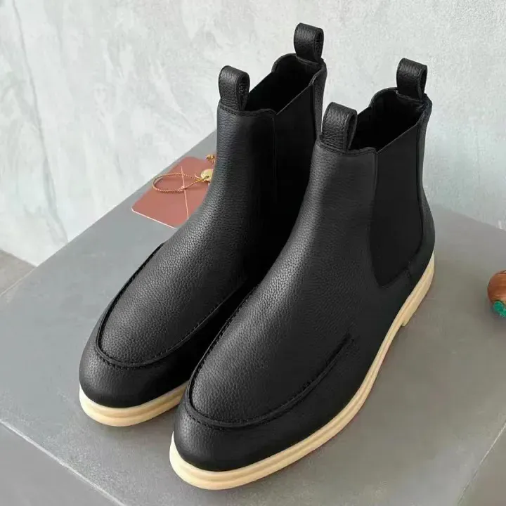 Chaussures habillées en cuir véritable 2024 NOUVEAU Mans préféré Loro Winter Mens Piana Gris Martin Bottes Mocassins en peau de mouton Cheville Plate Sneaker Voyage Bottillons de marche Vintage Botte de neige