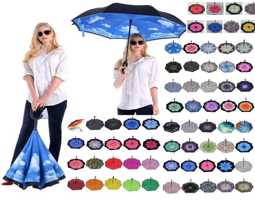 Folding Reverse Umbrella 85 Styles Double Layer Inverted Long Handle Windproof Rain Car Umbrellas C Handle Umbrellas8081688