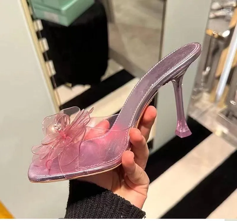 Clear PVC Crystal Flower High Heel Slipper Peep Toe Blue Pink Transparent Cup Heels Slingback Sandals for Women