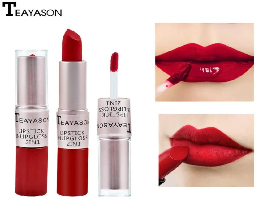 Teayason Håll 24 timmar Doublehead Sexig Red Matte Lipgloss Liquid Lipstick Matte Långvarig vattentät skönhet Kosmetiska verktyg6975813