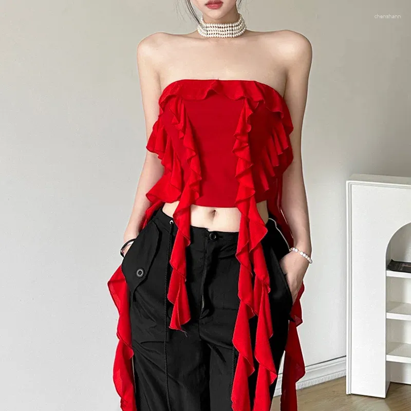 Women's Tanks Tassel Strapless Corset Tops Japanese 2000s Style Y2k Vest Coqueclothes Sexy Tank Tube Top Cute Camisas Red Color