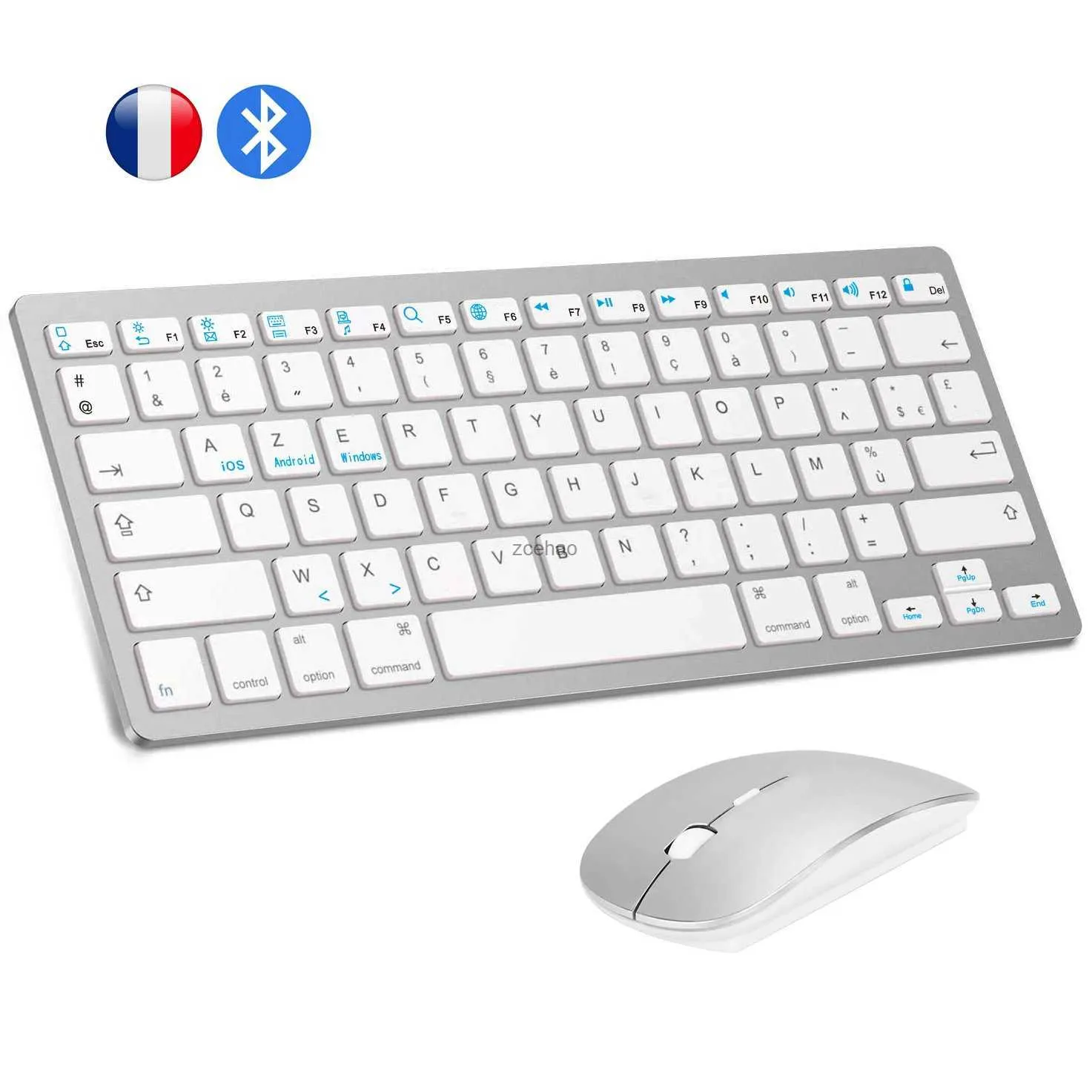 Teclados Francês AZERTY Bluetooth Teclado Mouse Combo Sem Fio Bluetooth Ratos Ultra Slim Mute para Mac iPad iPhone iOS Android WindowsL240105