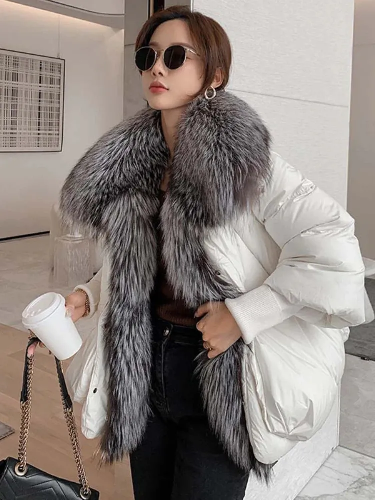 Oversized inverno quente real gola de pele de raposa preto para baixo casaco feminino puffer outerwear jaquetas outono 240108
