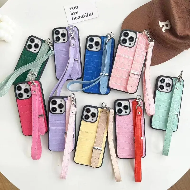 مناسبة لبطاقة iPhone15 التمساح بطاقة الهاتف المحمول CASE 14PROMAX WRISTBAND LANYARD