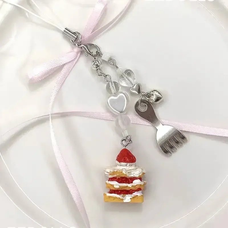 Porte-clés mignon gâteau perle fait à la main téléphone charme sangle anti-perte chaîne lanière dessert fourchette en métal pendentif mini sac à main pour fille