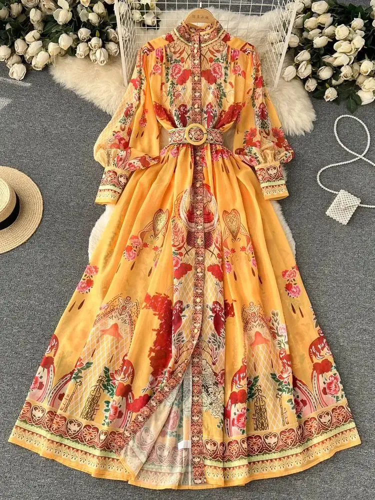 Spring Summer Vintage Stand Collar Long Lantern Sleeve Chiffon Dress Women's Flower Print Belt Loose A Line Maxi Vestidos 240108