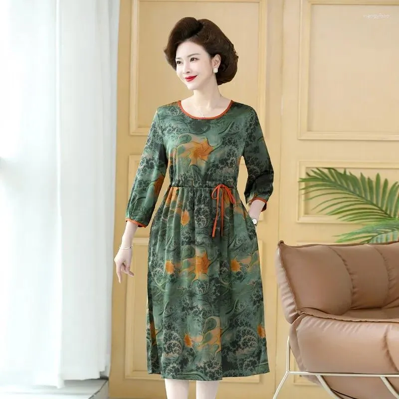 Casual Dresses Female Floral Mulberry Silk Midi Dres Spring Summer Elegant Loose Midje Plus Size Dress DrawString Vintage Party