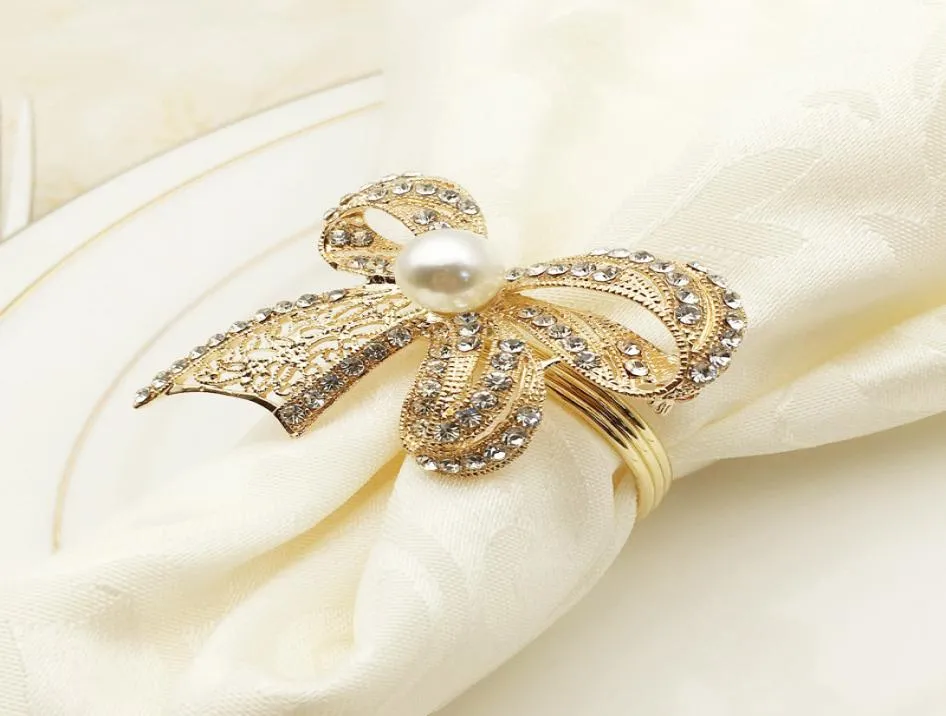 Pearl Bow servettringar Rings Rhinestone Servett BUCKLE El Wedding Party Table Decoration9551670