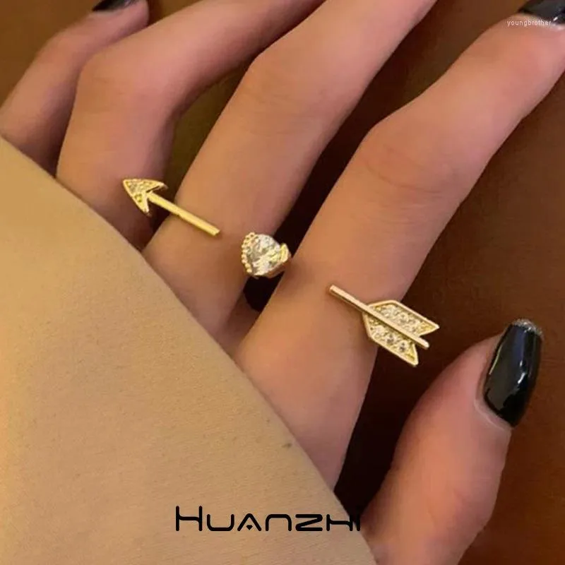 Anéis de cluster hip hop moda zircon ouro cor prata cupido coração seta ajustável dois dedos para presentes de casal huanzhi 2024