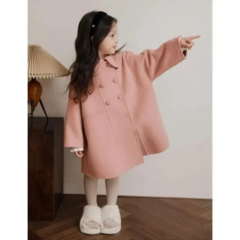 Casaco coreano para meninas inverno 2023, infantil, linha dupla, gola média e grande, de lã, longo 240108