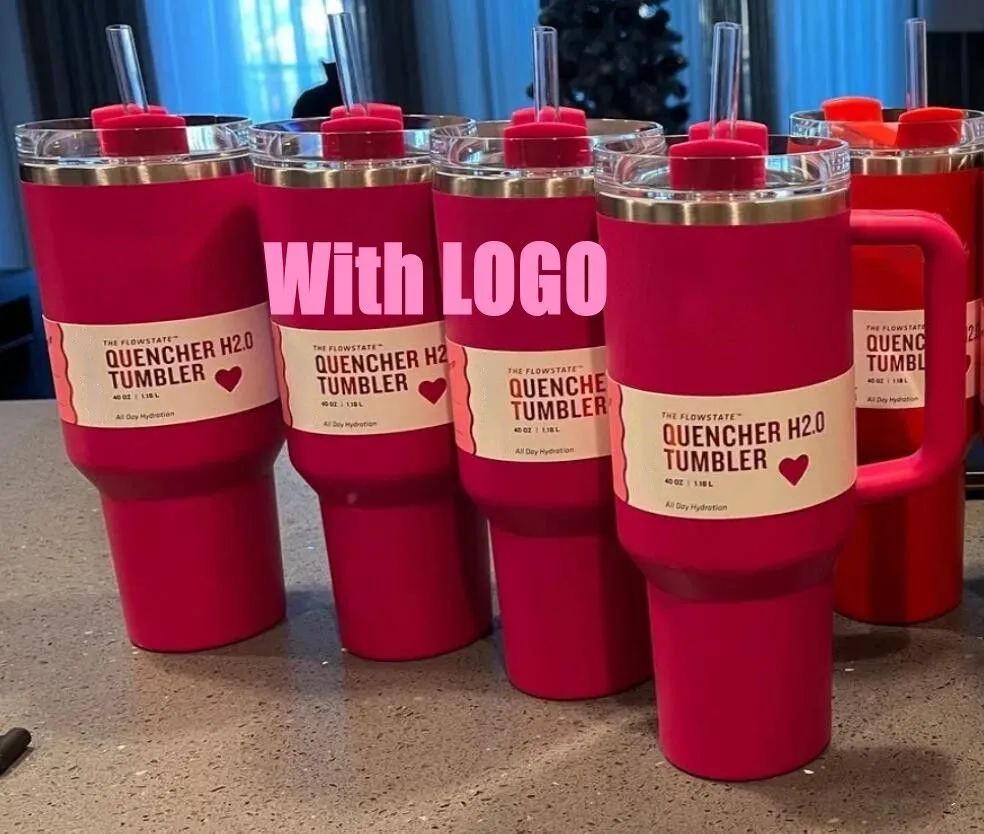 Amerikaanse voorraad met LOGO Cosmo Pink Flamingo Tumbler Blusmiddel H2.0 Replica 40oz roestvrijstalen bekerhandgreep Deksel en rietje 1:1 dezelfde autobeker Waterfles Target Rood