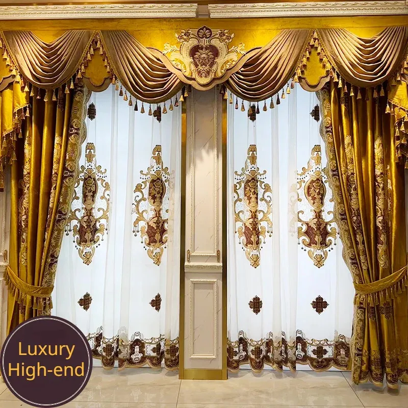 Rideau doré européen personnalisé, pour salon, chambre à coucher, Villa, velours américain, broderie haut de gamme, occultant de luxe, Valacne 240109