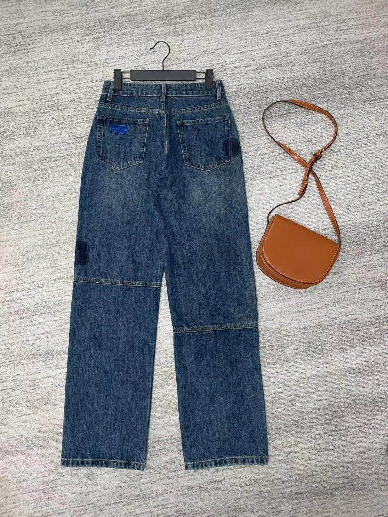 Designer feminino jeans moda cintura alta bordado decoração casual azul calças jeans retas