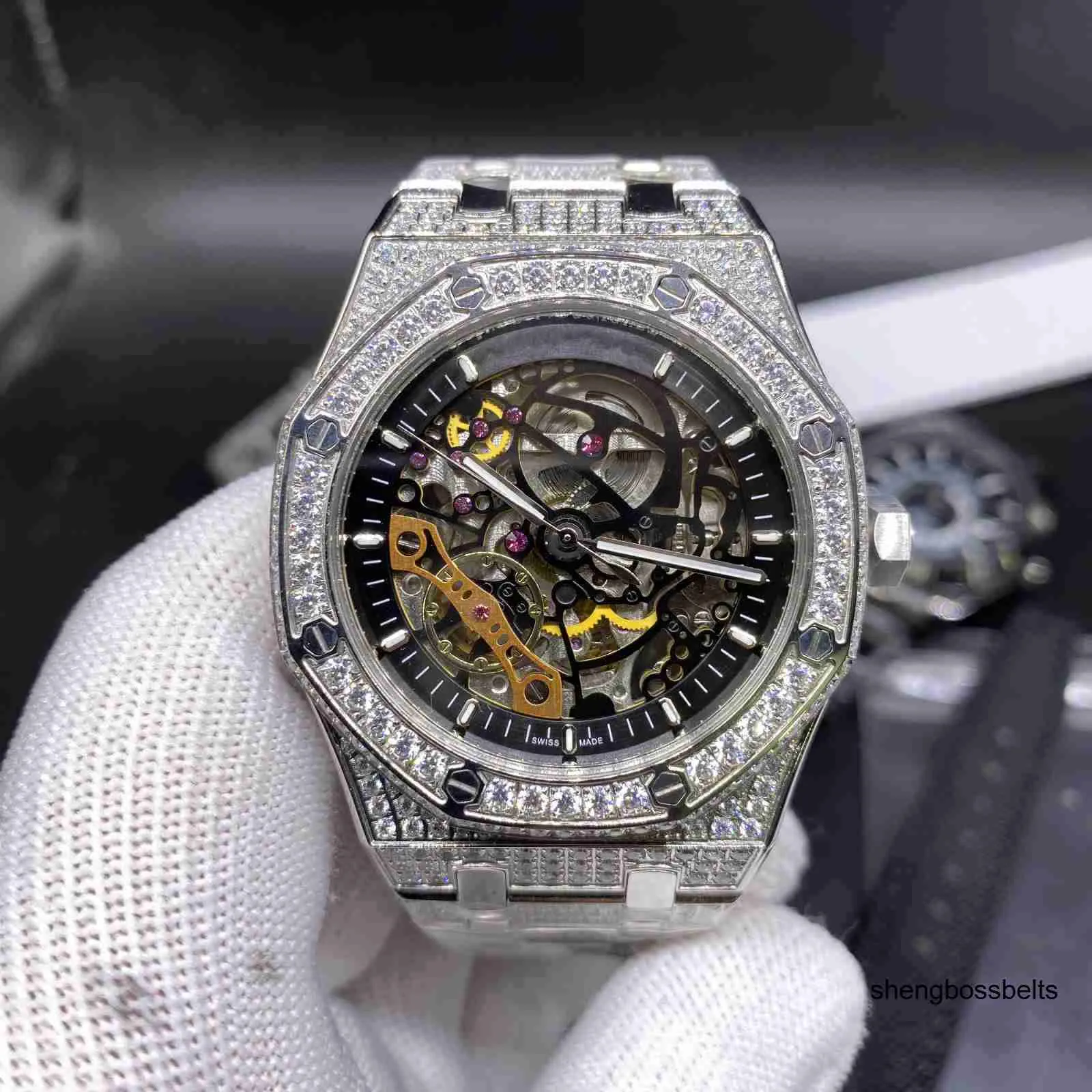 Luxo de alta qualidade cheio diamante hip hop relógio de pulso gelo diamante relógios oco moda relógio prata caixa aço inoxidável 42mm automaticylfn