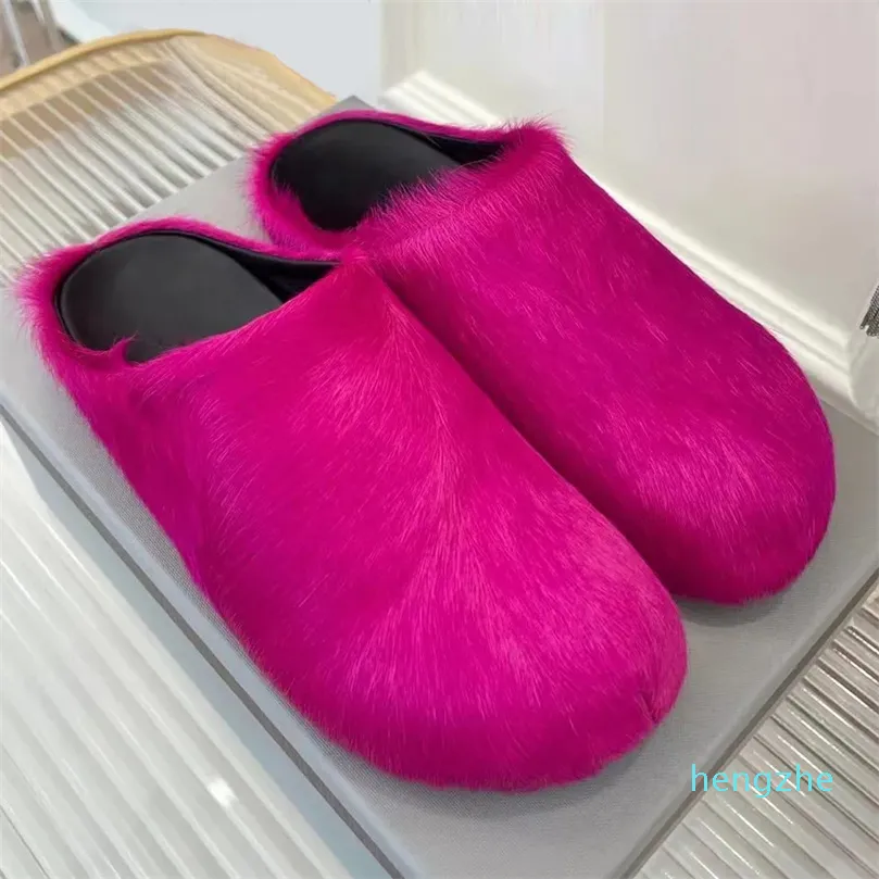 designer shoes Fashion Fur Slippers Women Round Toe Hair Slides Female Black Rose Red Green Mules Shoes Flat Half Slipper