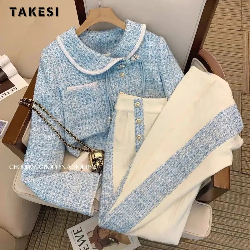 Spring Elegant Peter Pan Collar Chic Tassel Vintage Women Coat Blue Tweed Jacket Hög midja Långa byxor Två stycken 240109