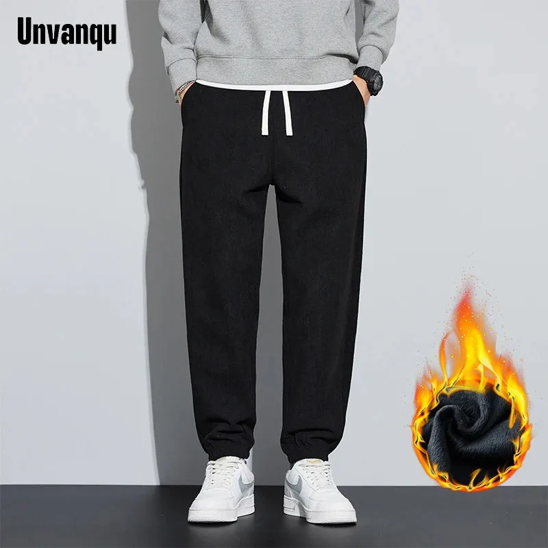 Unvanqu Winter Men's Fleece Warm Casual Corduroy Pants Jogging Sweatpants Work Y2K Korean Pant Loose Soft Harem Trouser Male 240109