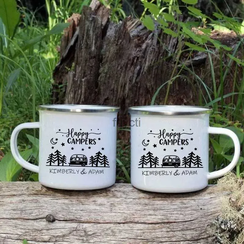 Tasses Personnalisé bricolage Camping tasse heureux campeurs feu de camp émail tasses personnalisé Glamping tasses mariage Camper poignée café vin tasse cadeaux YQ240109