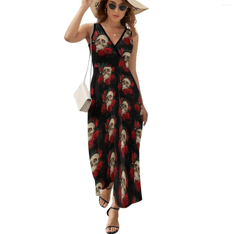 Casual Dresses Skull and Roses Dress Summer Street Wear Boho Beach Long Woman High midje mönster Kawaii Maxi