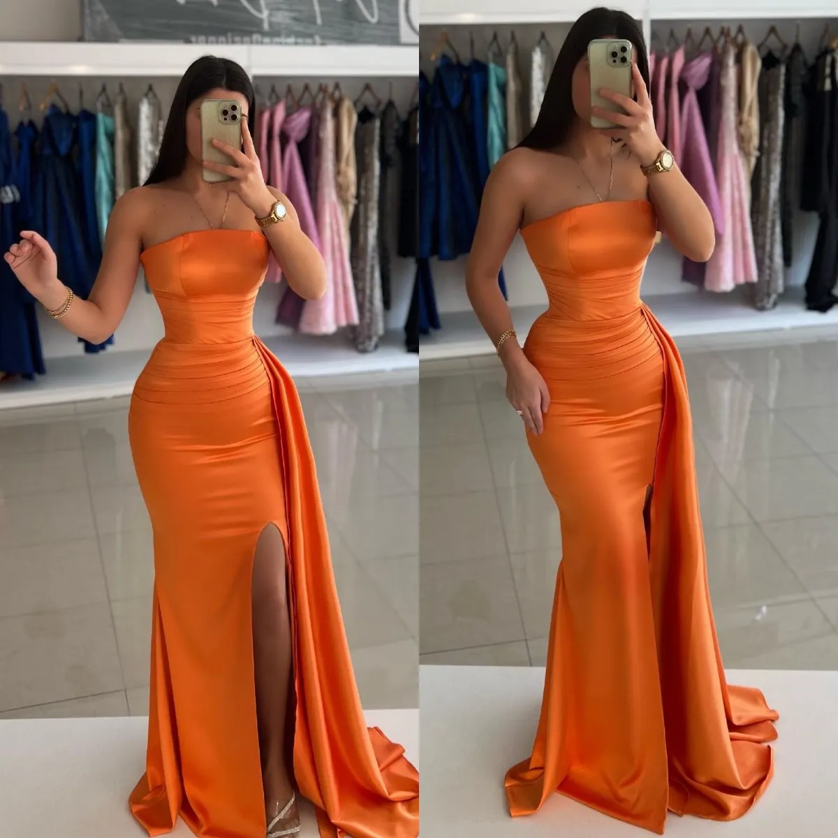 Prom Orange Meerjungfrau Kleid trägerloser Abend Elegant ärmellose Falten Taille Dekor Rückenlose formelle Kleider für besondere OCNs ES