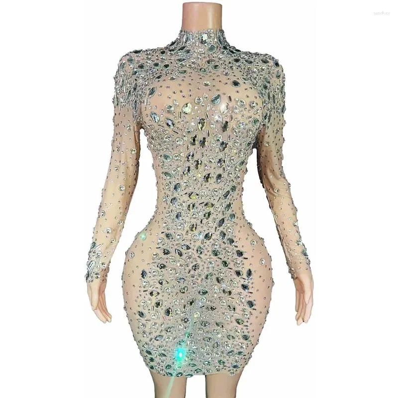 Stage Wear Nude Shining Crystal Rhinestones Long Sleeves Sexy Dress For Women Evening Party Clothing Singer Costumes Birthday