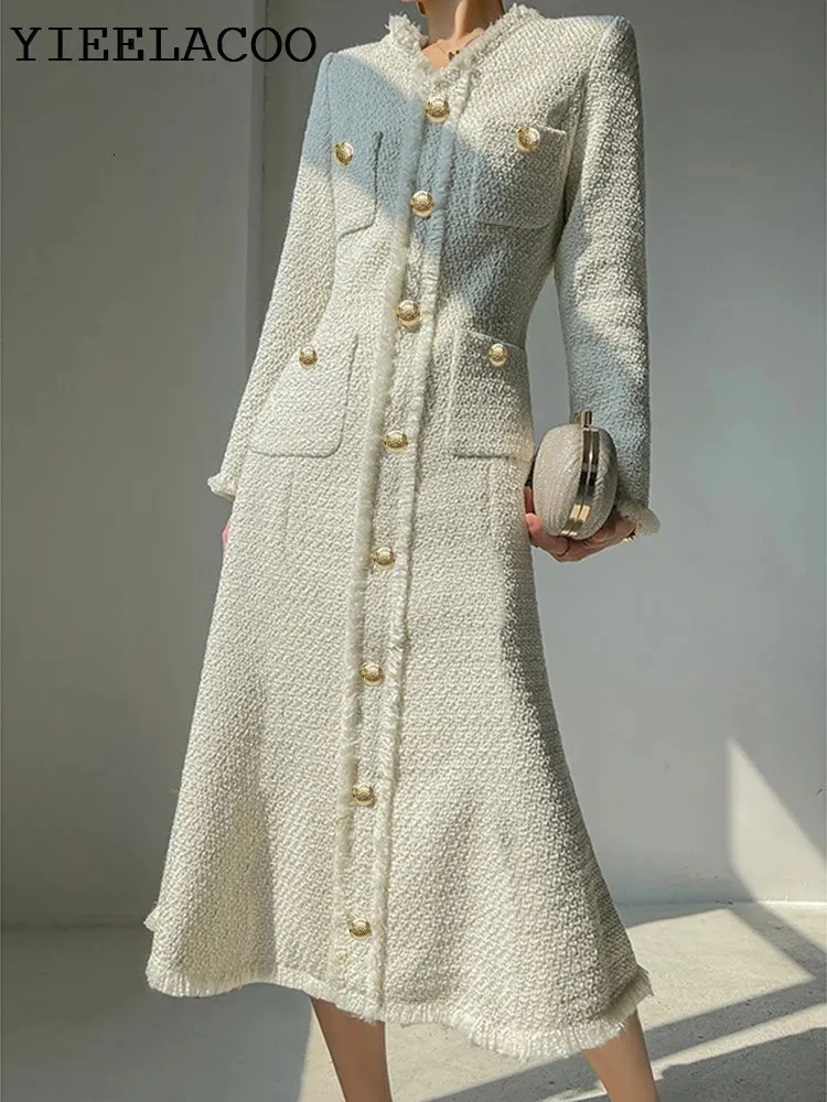 Robe en tweed blanc cassé, une pièce, avec pompon, slim, pour femmes, printemps-automne, 240109