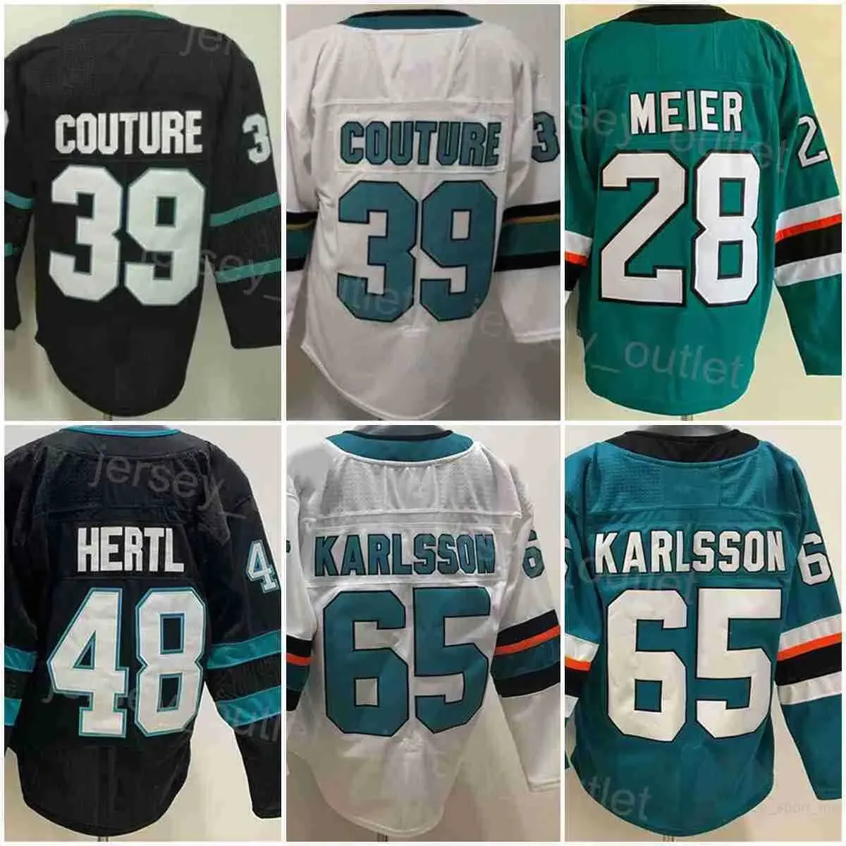 Män tom hockey 65 Erik Karlsson Jersey 28 Timo Meier 39 Logan Couture 48 Tomas Hertl Reverse Retro Team Black Green White Color All 26