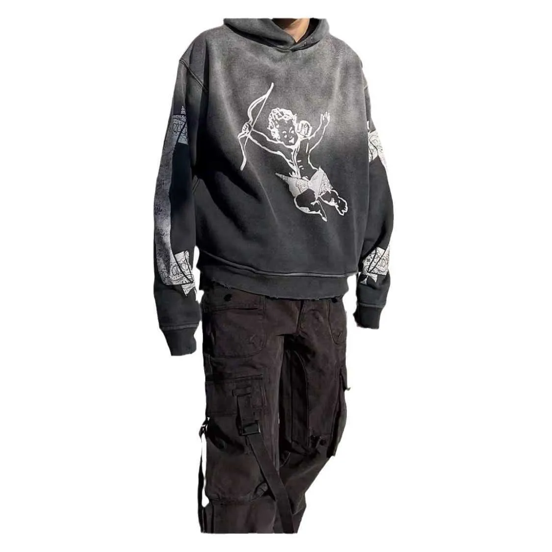 ASKYURSELF Mens Vintage Washed Hoodie Cashew Flower Angel