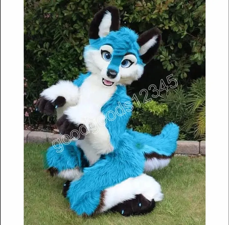 Schattige blauwe wolf fursuit fox dog mascotte kostuums kerst strip personage outfit pak personage carnaval xmas Halloween volwassenen maat verjaardagsfeestje buitenoutfit