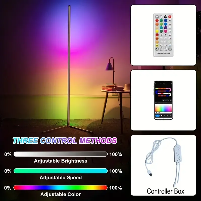 Lâmpada de chão de canto inteligente de 47,5 polegadas / 63 polegadas Luzes LED RGB (controle sem fio Tuya de 40 teclas), iluminação moderna que muda de cor dos sonhos