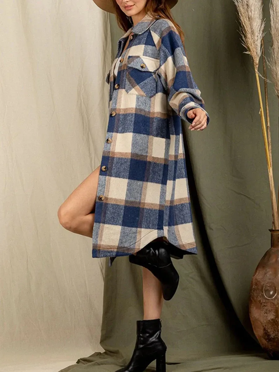 Manteau surdimensionné à carreaux Vintage pour femmes avec revers, manches longues, veste de survêtement en laine pour un Look décontracté et Chic 240109