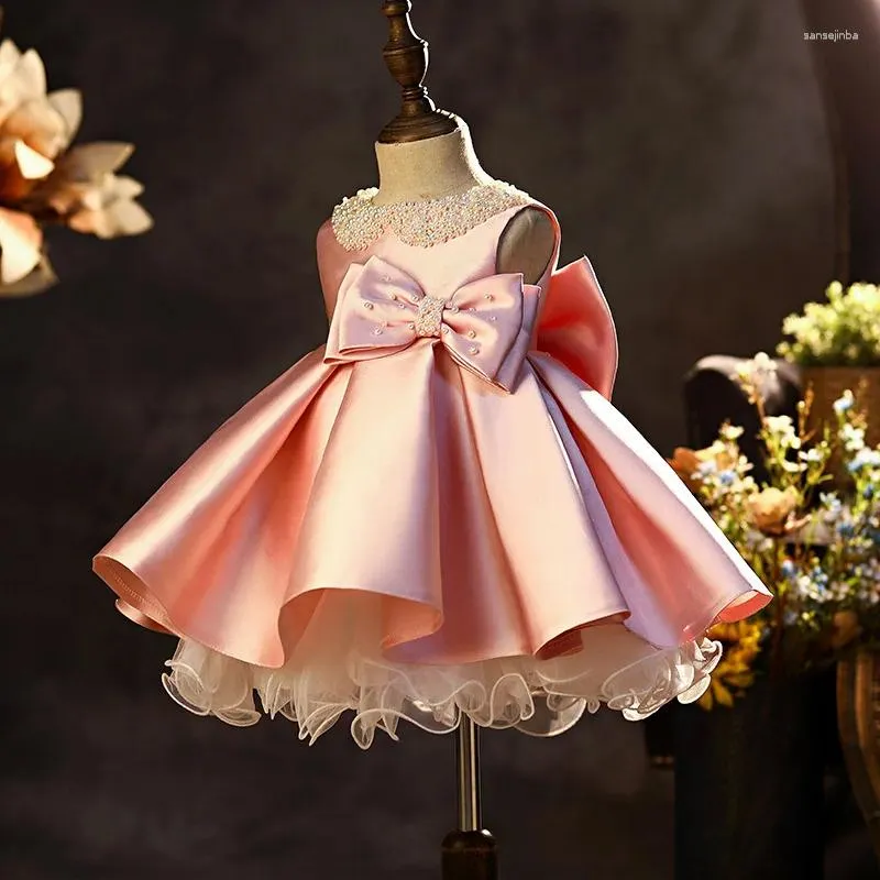 Abiti da ragazza Fiore di raso rosa per matrimonio Perle per bambini gonfi con fiocco Abito carino per abiti da ballo per spettacoli di compleanno per bambini