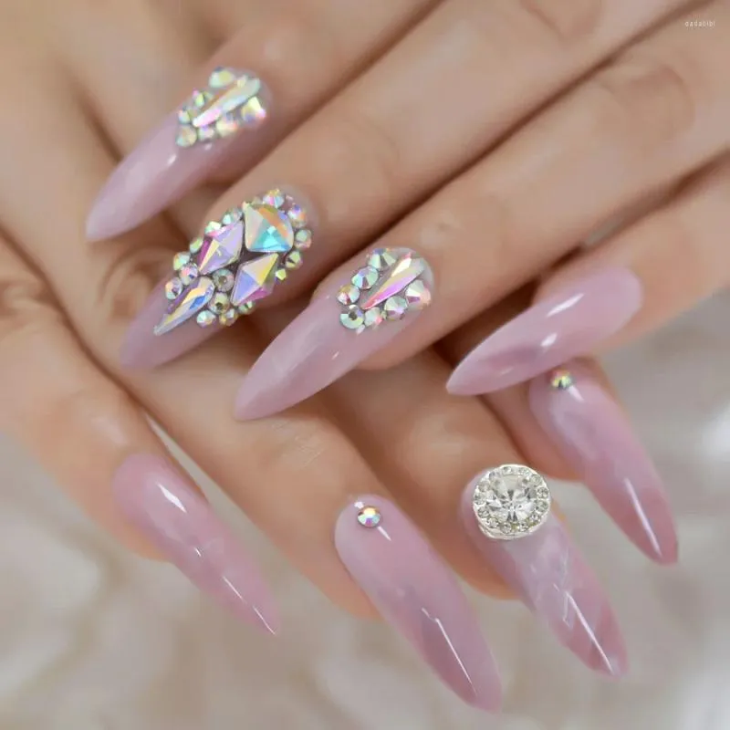 False Nails 3d Rhinestone Luxery Extra Long Stiletto Tips Pointed Sharp Stilettos Fake Nail Marmor Pink Gel Press On