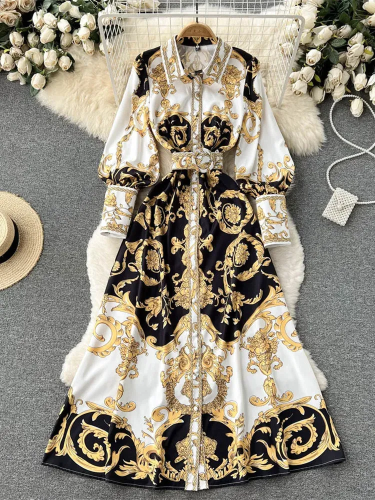 Fashion Runway Baroque Maxi Dress Women Long Lantern Sleeve Buttons Down Golden Flower Print Elegant Belt Party Vestidos 240108