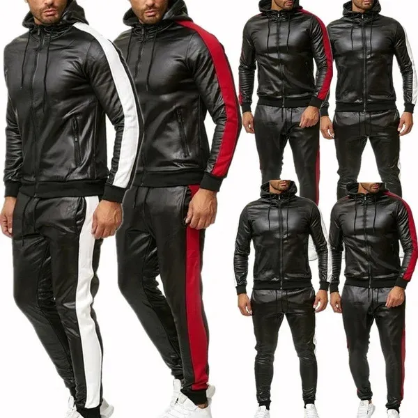 Mens Pu Leather Hoodies Set Casual Sweatsuit Hooded Jacket and Pants Jogging Suit Tracksuits 240108