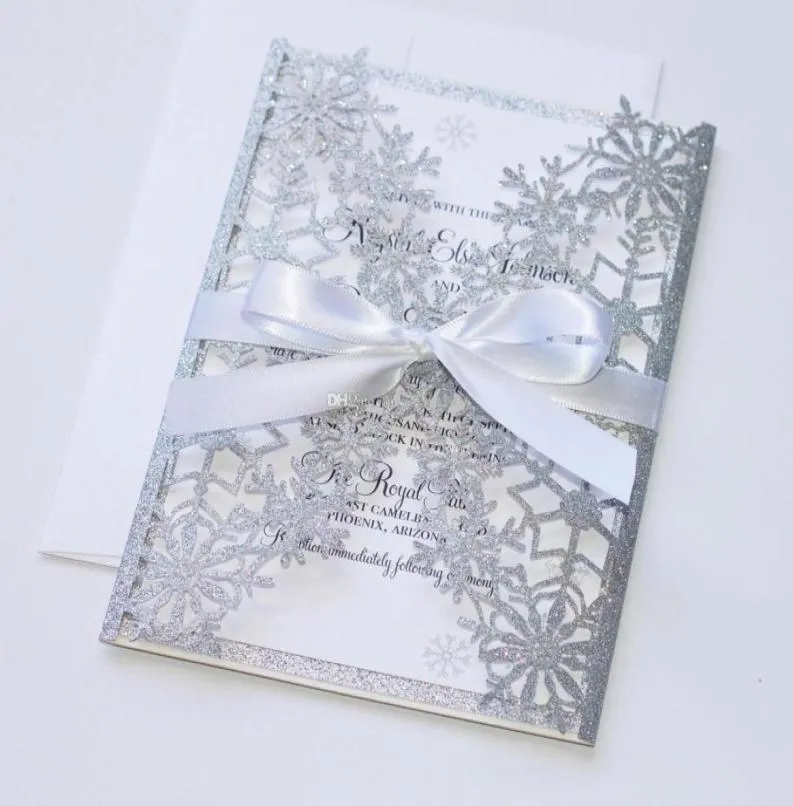 Invitation de mariage en argent de luxe, flocon de neige découpé au Laser, Invitations élégantes de fête de mariage creuses avec nœud blanc 1114077