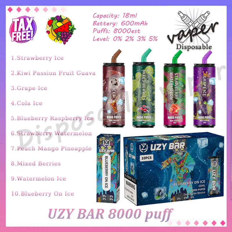 Usine en gros UZY Bar 8000 Puff jetable Vape Pen 18 ml pré-rempli Pod Mesh Coil 600 mAh batterie rechargeable 0% 2% 3% 5% évaporateur E cigarette 10 saveurs en stock