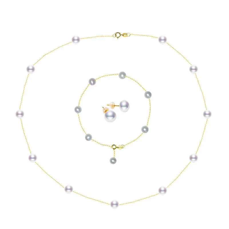 Bilezikler XF800 İnci Takı Seti Gerçek Altın Doğal Tatlı Su Kolye Bilezik Küpe Güzel AU750 Yuvarlak Kadın Düğün Hediyesi T417